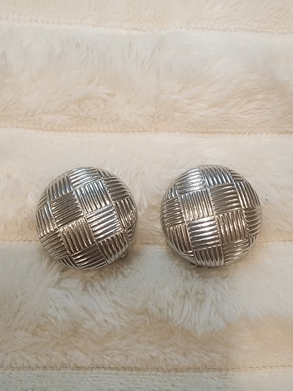 Vintage Coro DES PAT PEND Basket Weave Dome Clip On Earrings Silver Tone